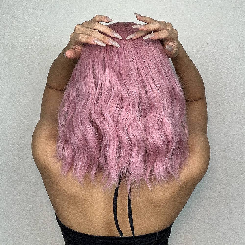 Us Only) DWY WIGS 14 Inch Short Pink Wavy Curly Wig with Bang