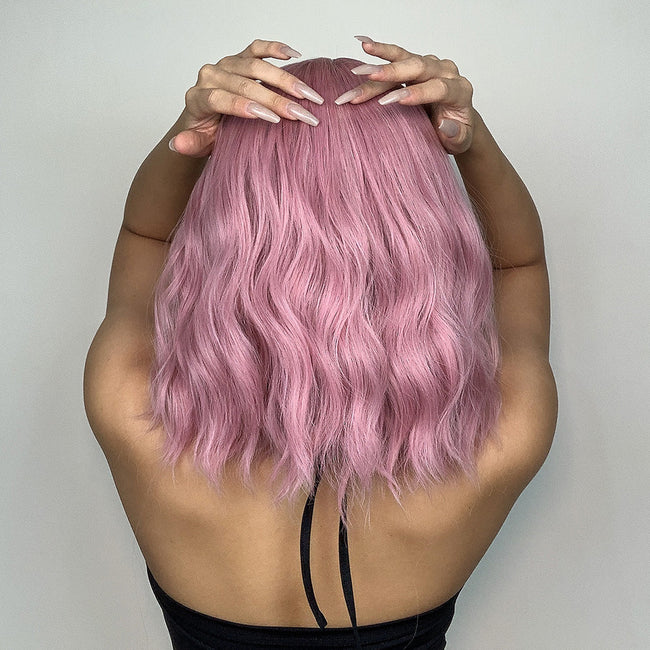 Us Only) DWY WIGS 14 Inch Short Pink Wavy Curly Wig with Bang