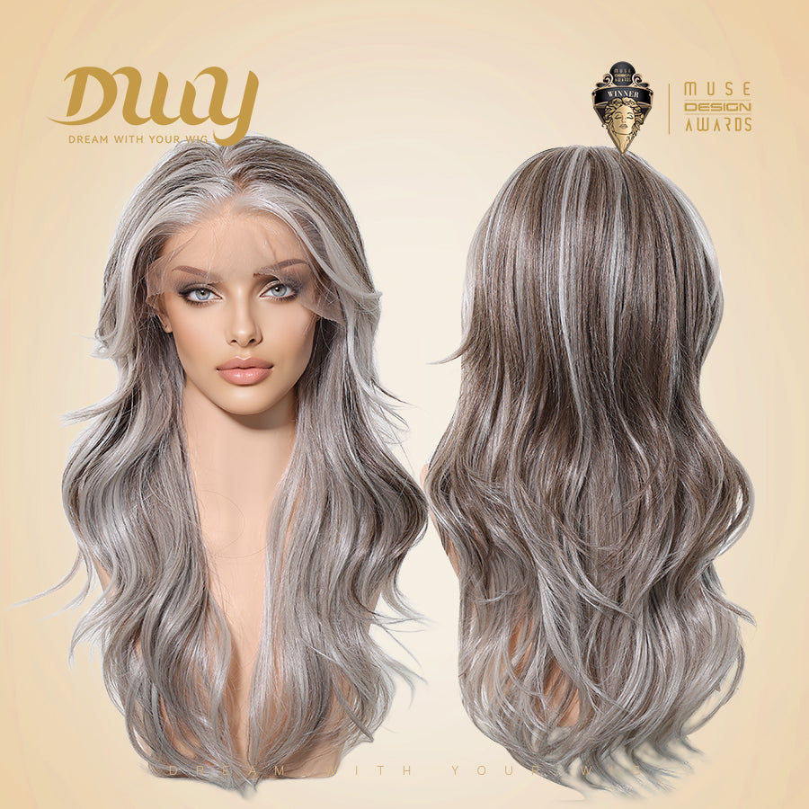 Ivy C- DWY 13×6 Lace Front Free Part Long-Length Wavy Ash Blonde Highlighted Glueless Synthetic Wig for Women 22 Inches