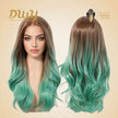 DWY Brown and Green Synthetic Wig with Free Parting