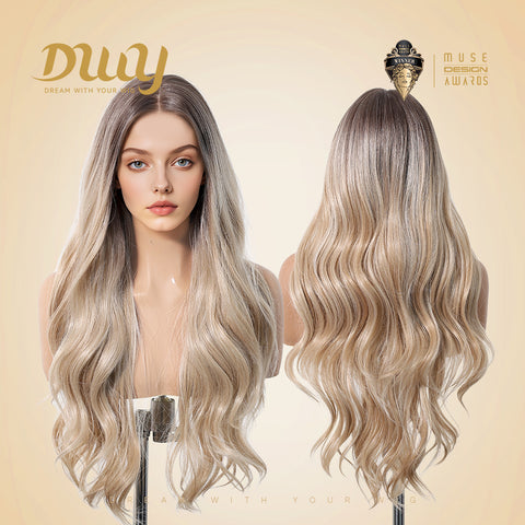 Natalie-DWY Lace Front 13×6 Rooted Blonde Wavy Free Part Synthetic Wig