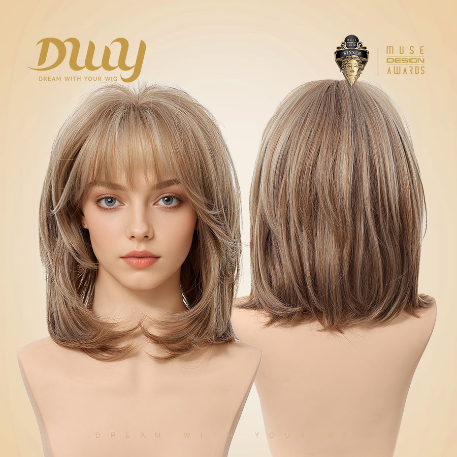 Cici-DWY MiraScalp Short-length Bob Hair Light Brown with Blonde Highlights Glueless Synthetic Wig