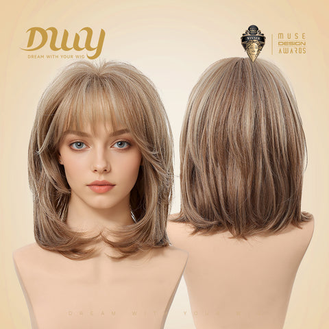 Cici-New Arrival DWY MiraScalp Short-length Bob Hair Light Brown with Blonde Highlights Glueless Synthetic Wig