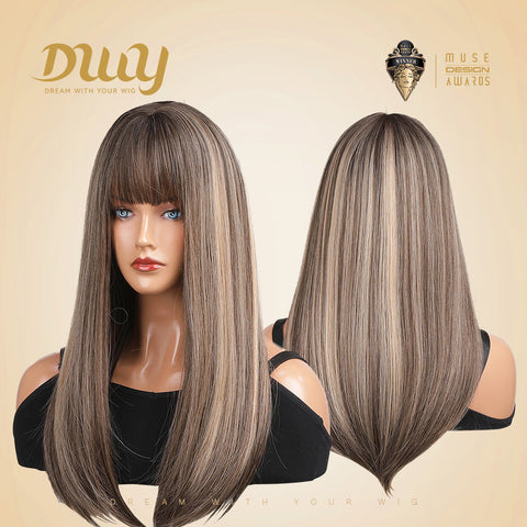 DWY MiraScalp Delia-DWY Mid Length Straight Cool Brown & Blonde Highlights Wig