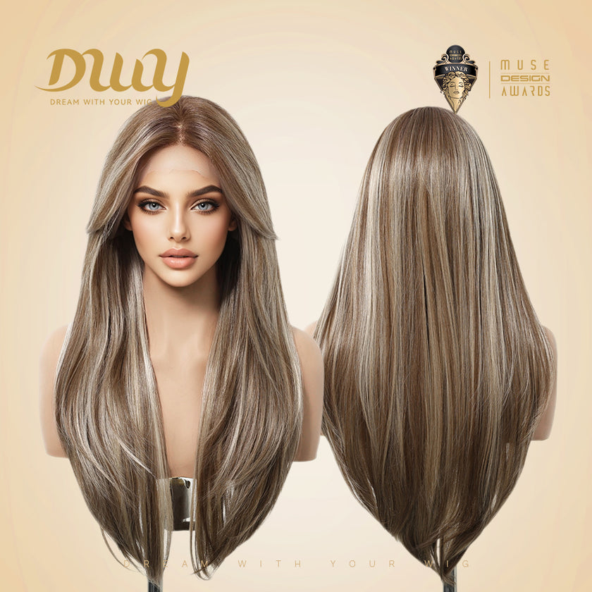 Ethel-DWY 13x6 Filter Lace Front Free Part Long Length Straight Brown with Highlights Glueless Synthetic Wig