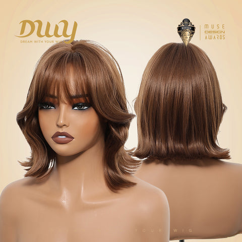DWY Aine-DWY Short-Length Tea Brown Flip Bob Wig with Bangs Glueless Synthetic Wig