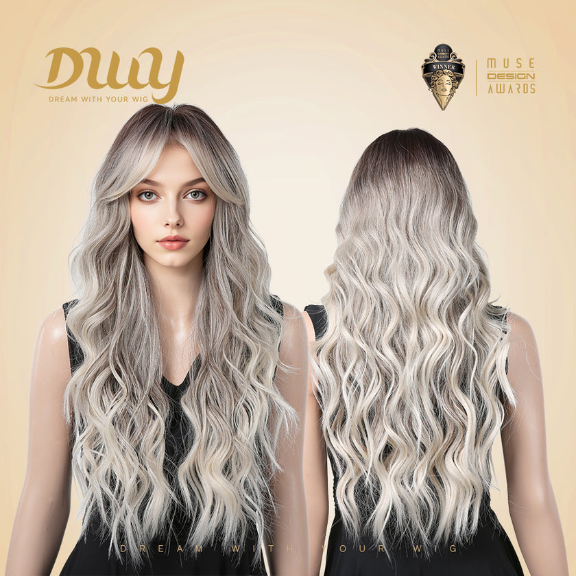 Vera-DWY Long Curly Rooted Gray Ivory Glueless Synthetic Wig