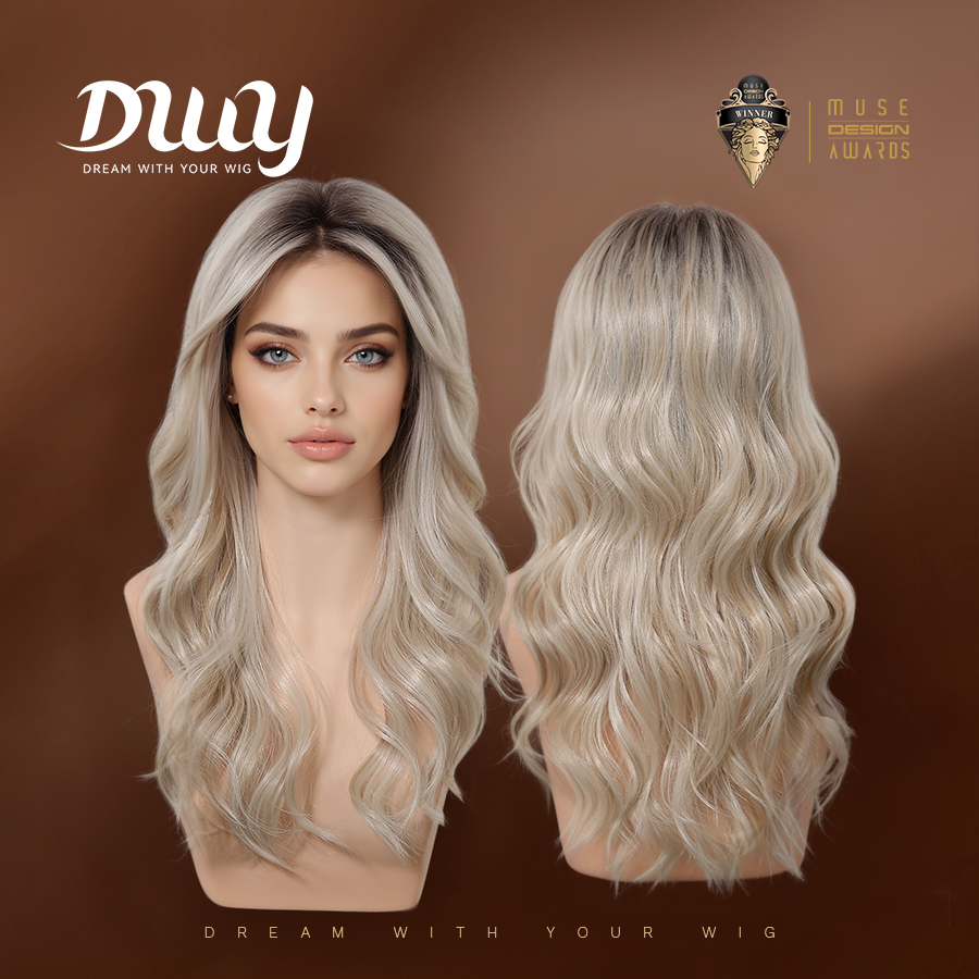 KAI C-New Technology ! DWY 3D Lace Front Free Part Mid-Length Wavy Platinum Blonde Synthetic Wig