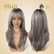 Elara-DWY 22 Inch Silver Grey Balayage Long Layered Wig with Air Bangs | Natural Synthetic Hair for Women | Daily Wear & Versatile Styling