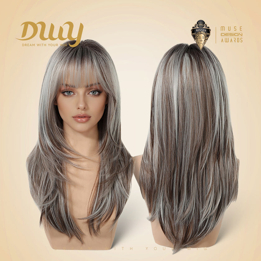 Elara-DWY 22 Inch Silver Grey Balayage Long Layered Wig with Air Bangs | Natural Synthetic Hair for Women | Daily Wear & Versatile Styling