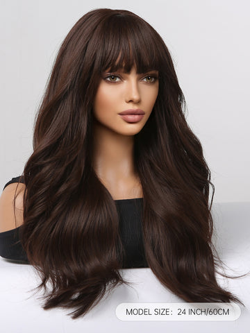26 Inch Long Curly Brownish Black Wigs with White Bangs Synthetic Wigs for Women and Girls Daily Use Party or Vacation WL1104-1