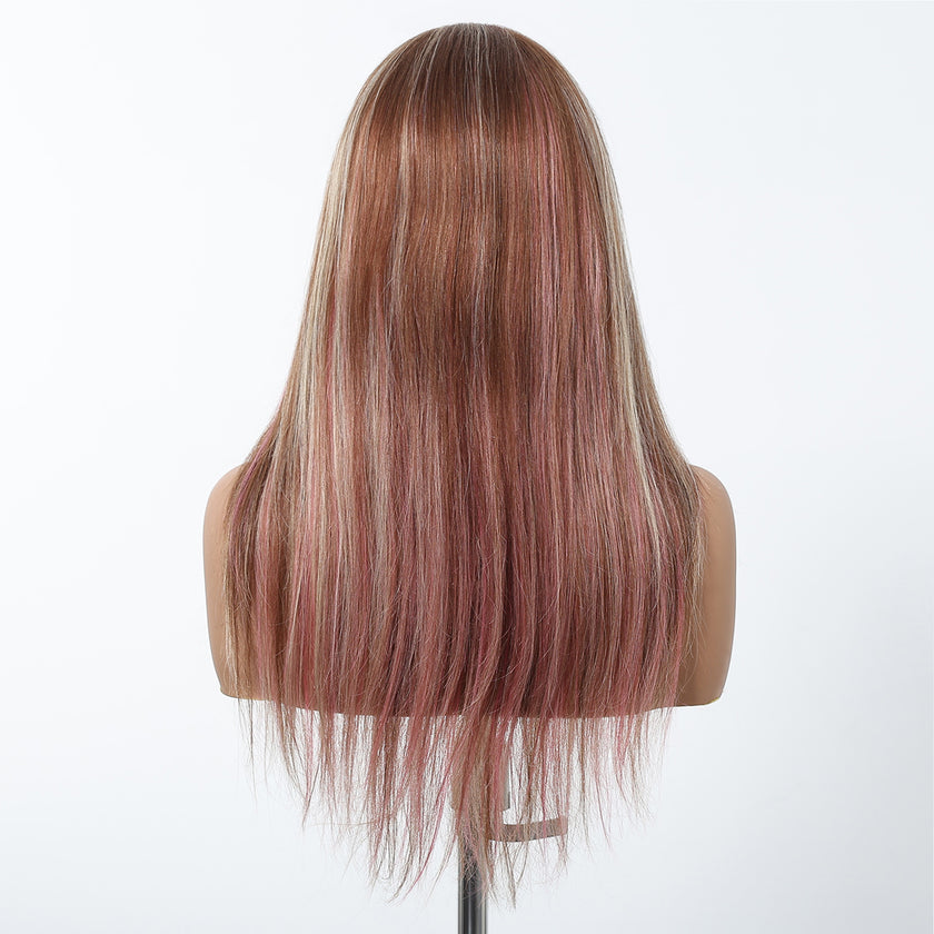 DWY Lace Human Hair Wig – Long Length Rose Gold with Pink Highlights