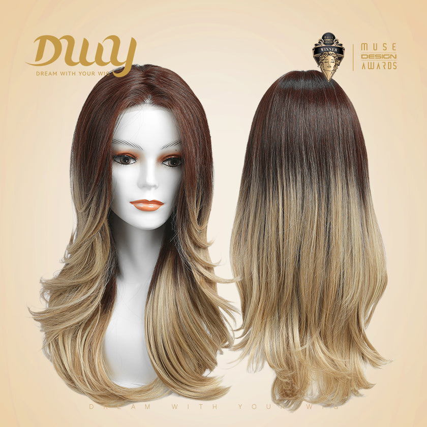 Sophia-DWY Mono Lace Front Ombre Brown Blonde Long Wavy Free Part Synthetic Wig