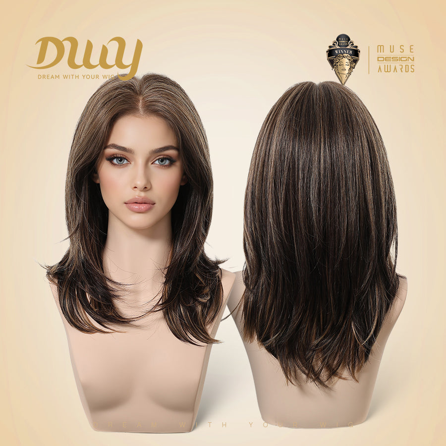 Sasha-DWY 13×4 Lace Front Free Part Mid-Length Wolf-cut Straight Truffle Brown Glueless Synthetic Wig for Women 18 Inches