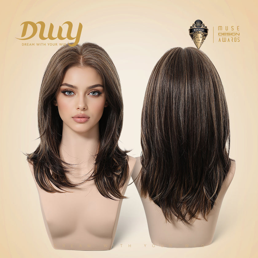 Sasha-DWY 13×4 Lace Front Free Part Mid-Length Wolf-cut Straight Truffle Brown Glueless Synthetic Wig for Women 18 Inches