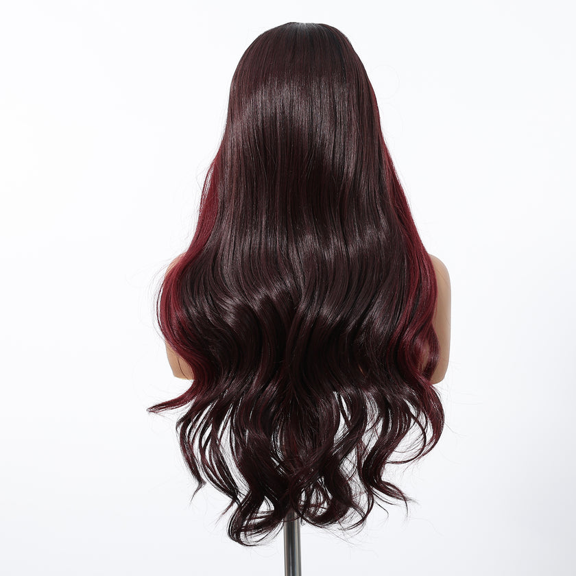 DWY Long Dark Red Lace Front Mixed Burgundy Natural Black Wave Hand Tied Middle Part Natural Synthetic Wig