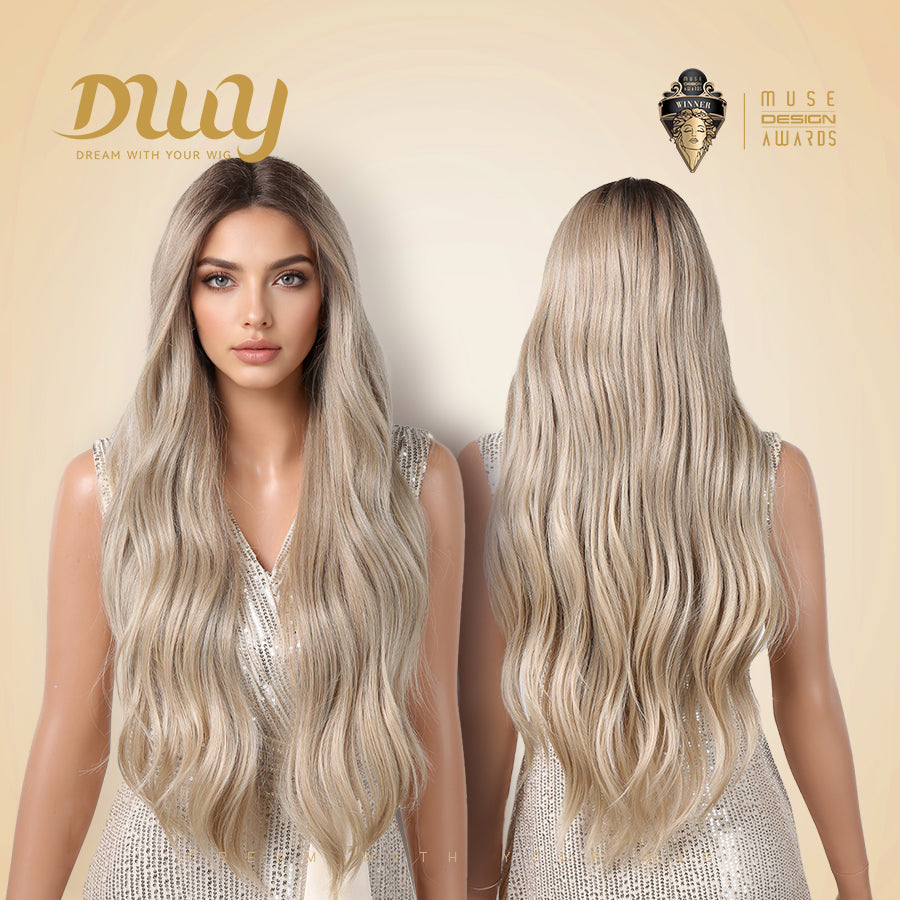[CLEARANCE SALE] Averyl H-DWY Lace Front Middle Part Long Wavy Rooted Balayage Blonde Glueless Synthetic Wig for Women 28 Inches