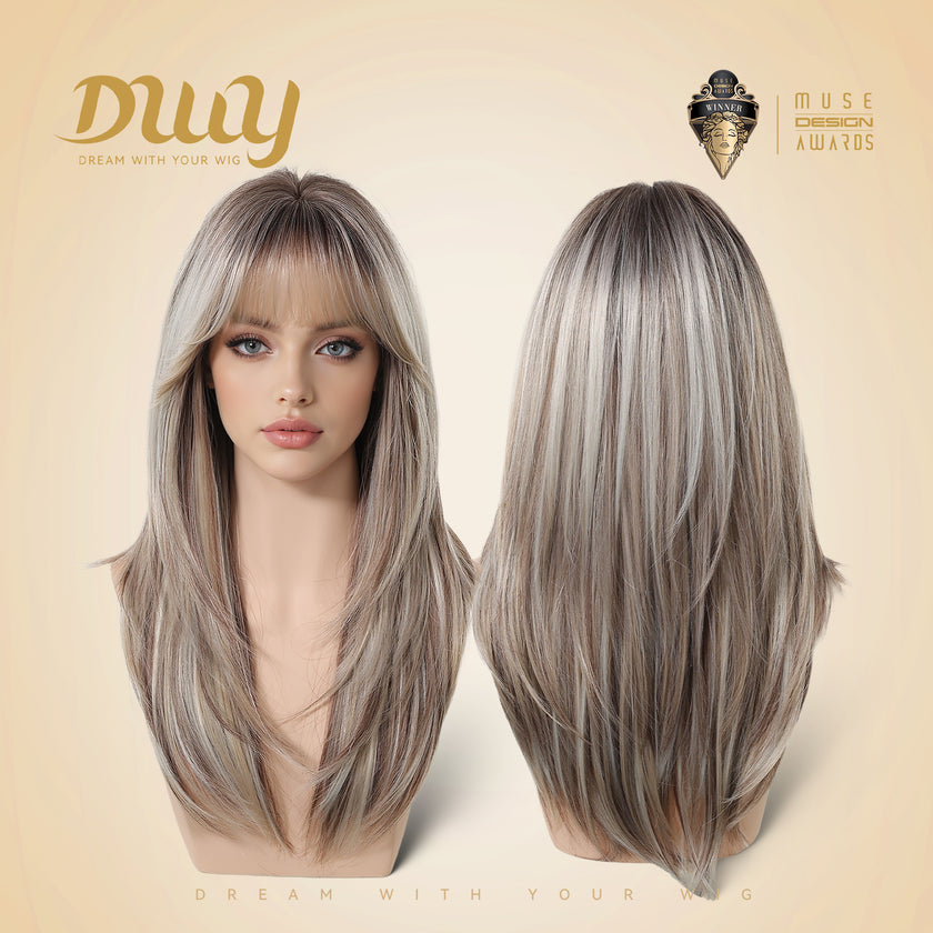 Jami - New! DWY Bionic Silk Top 22-Inch Long Layer cut Bronde Balayage Glueless Synthetic Wig with Bangs for Women High-Quality Premium Fiber Easy Wear Comfortable Fit Summer Looks