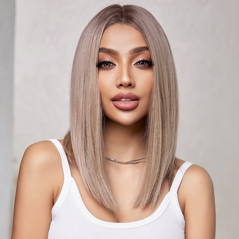 DWY Lace front 16 Inch light pink brown short straight wig