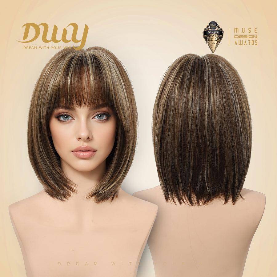 Jean plus -DWY【Gen 2 Large Realistic Scalp】Short Straight Brown with Blonde Highlights Glueless Synthetic Wig with Bangs