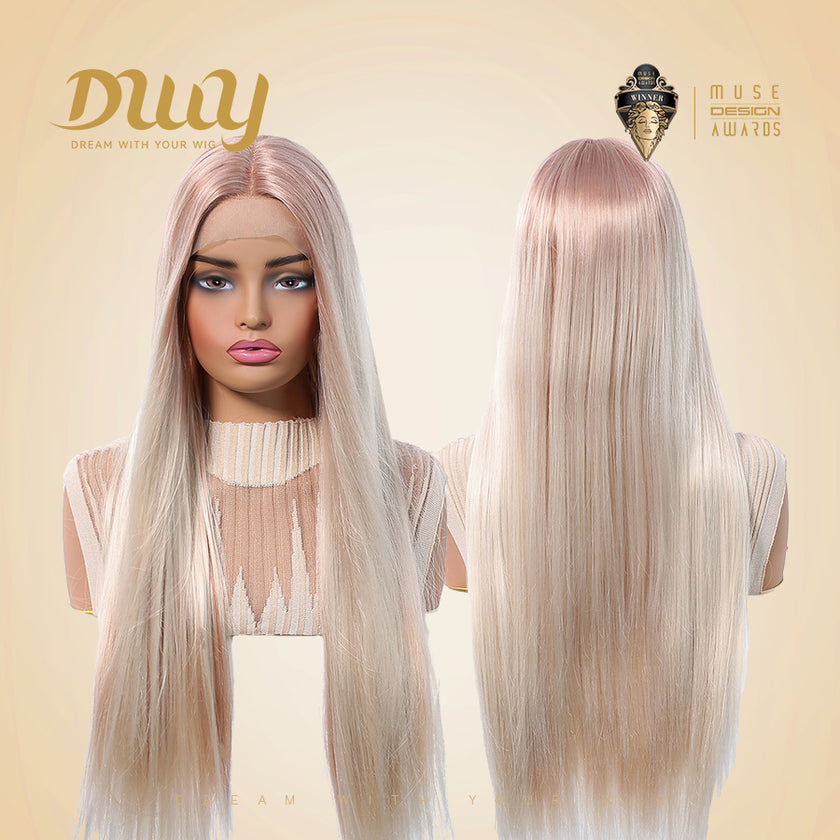 [CLEARANCE SALE] Aisha-DWY T Part Lace Front Pink Blonde Long Straight Glueless Synthetic Wig for Women 28 Inches