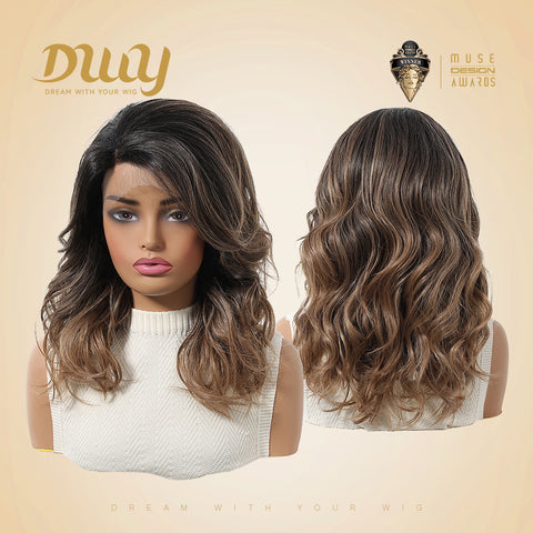 Juniper-DWY Lace Front Curved Part Mid-Length Wavy Brown Dyed Black Glueless Synthetic Wig