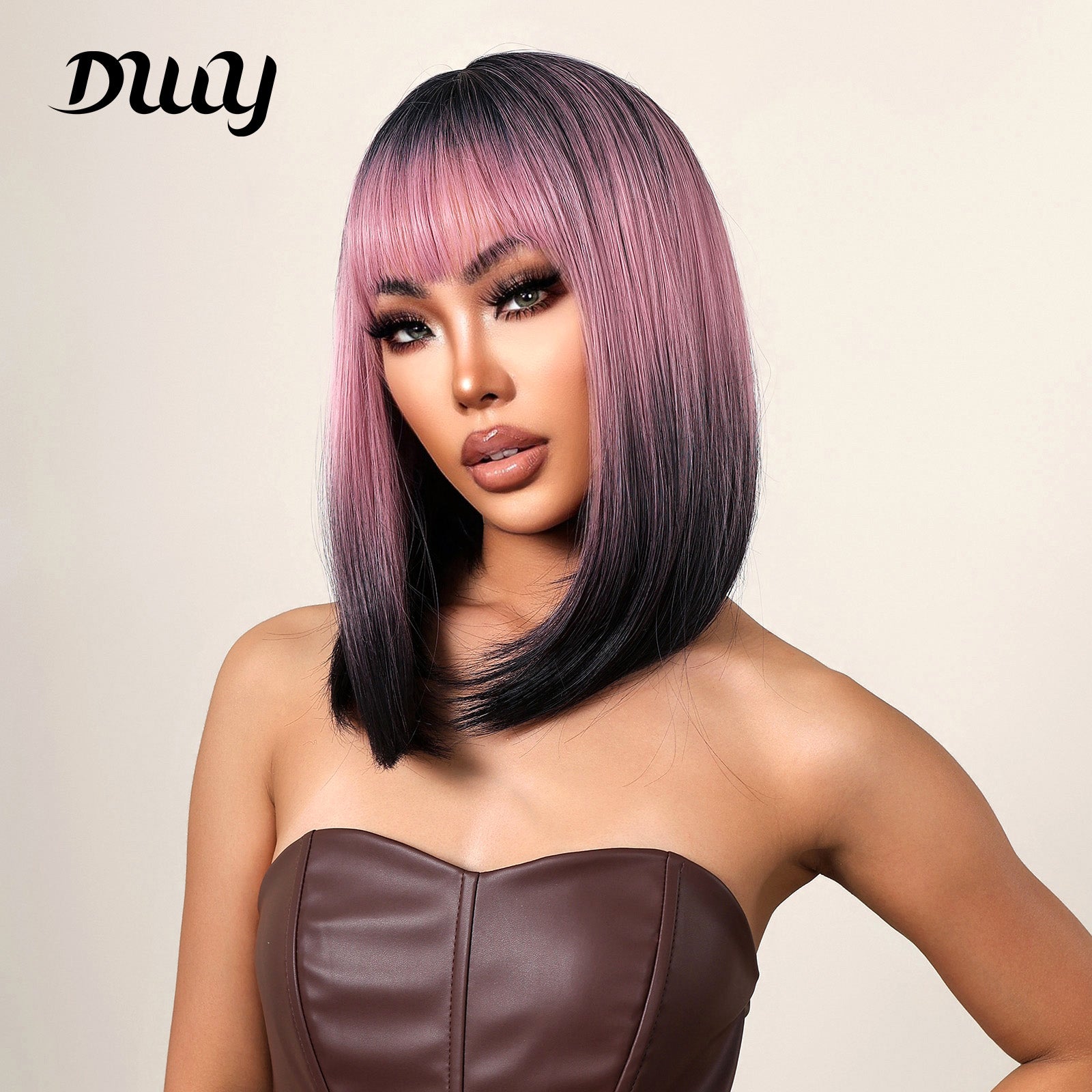16 Inches Long Straight Pink Gradient Black Wigs with Bangs Synthetic Wigs Women's Wigs for Daily Use Party or Cosplay Taking Photos WL1121-1