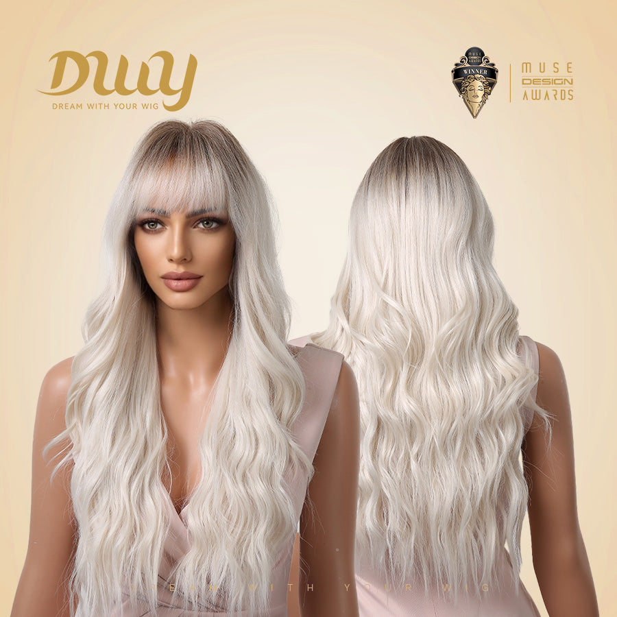 Cielo-DWY Ombre Snow Blonde Tresses Wavy Synthetic Wig With Bangs
