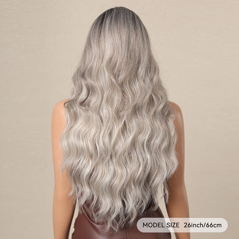 [Adr] DWY Long Wavy Wigs for Women Black Gradient Gray Wig 26 Inch Long Curly Ombre Wigs with Bangs and Dark Roots Synthetic Heat Resistant Fiber Wigs for Daily Party LC1111-3