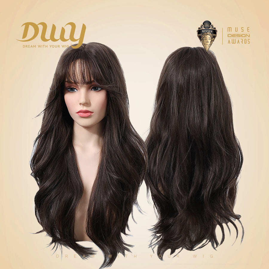 Calla-DWY Long-length Wave Cool Brown Realistic Large Area Scalp Glueless Synthetic Wig for Women 24 Inches Deep Wavy Wigs