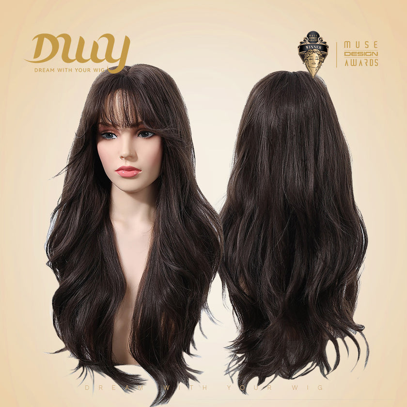 Calla-DWY Long-length Wave Cool Brown Realistic Large Area Scalp Glueless Synthetic Wig for Women 24 Inches Deep Wavy Wigs