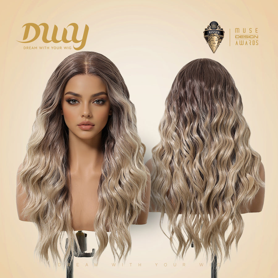 Lyna C-DWY 13*6 Lace Front Long Beach Wave Ombre Blonde with Highlight Glueless Synthetic Wig