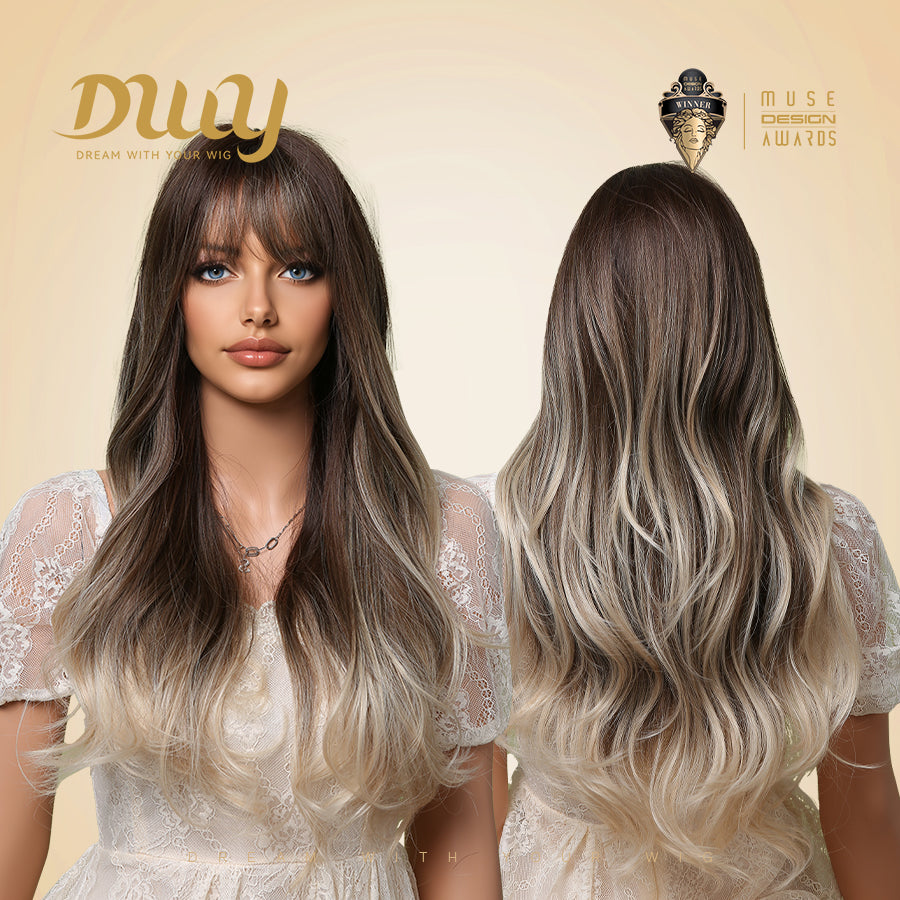Josely-DWY Machine Made Long Wavy Hairstyle with Blunt Bangs Dark Brown to Light Blonde Ombre Glueless Synthetic Wig for Women 28 Inches