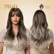 Josely-DWY Machine Made Long Wavy Hairstyle with Blunt Bangs Dark Brown to Light Blonde Ombre Glueless Synthetic Wig for Women 28 Inches