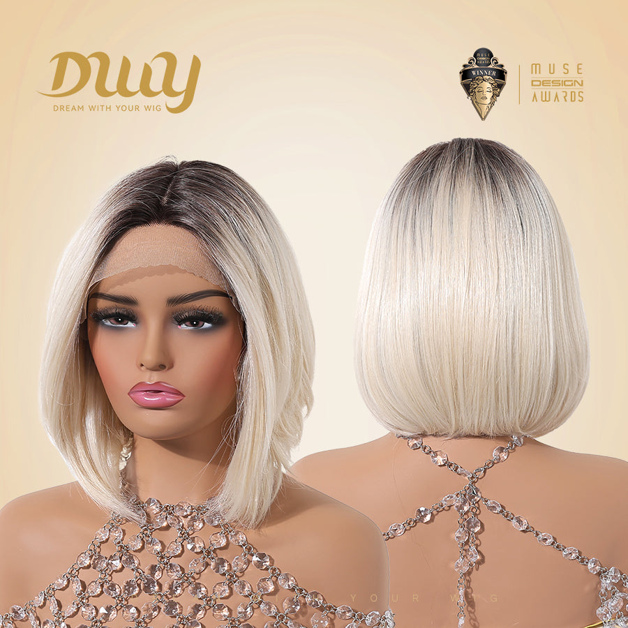 Milly-DWY Lace Front Middle Part Short Blonde Bob Glueless Synthetic Wig for Women 12 Inches