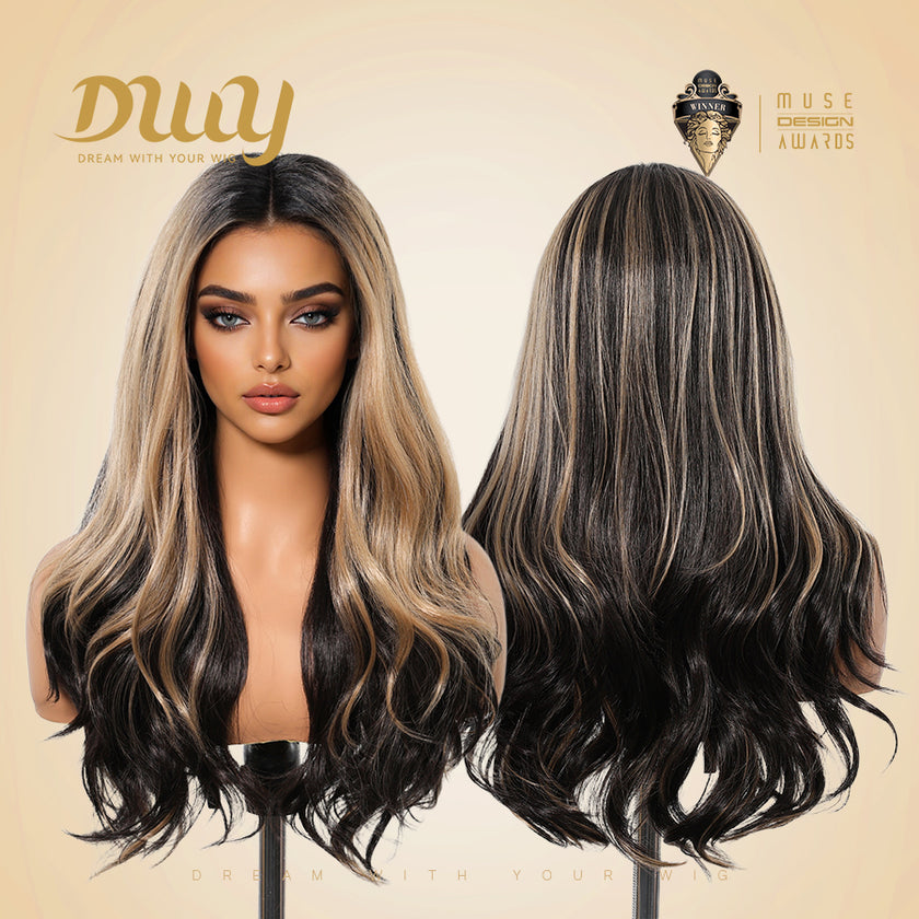 [CLEARANCE SALE] Gena -DWY Lace Front Middle Part Long-Length Straight Black Honey Balayage Glueless Synthetic Christmas wigs for women 26 Inches