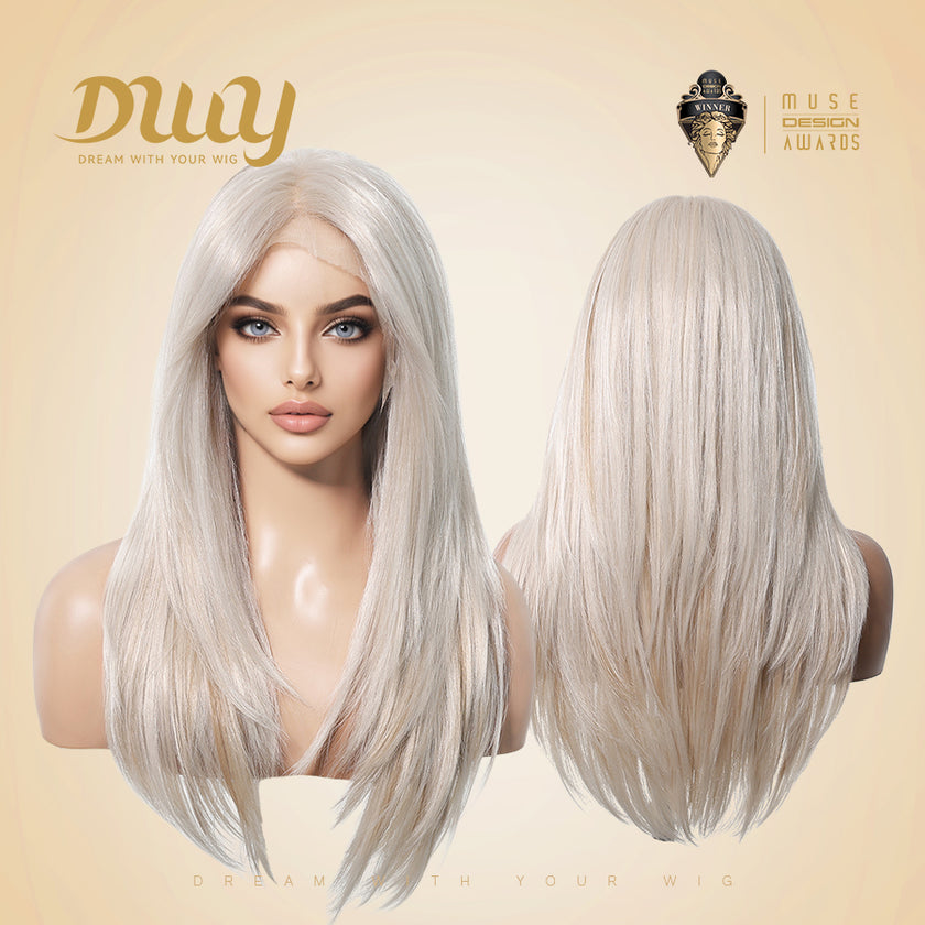 Chicago-DWY Lace Front 13×6 Free Part Arctic Blonde Highlight Natural Wavy Synthetic Wig
