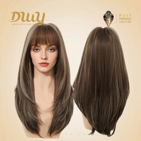 Tina- DWY NEWIN Long-length Layer-cut Straight with Air Bangs Linen Brown with Highlights Glueless Synthetic Wig