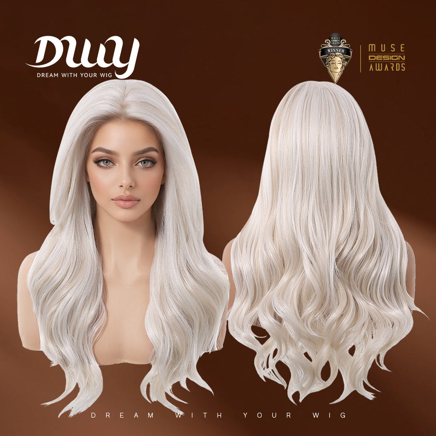 Silas C-DWY 13×6 Lace Front Free Part Long-Length Curly Platinum Blonde Glueless Synthetic Wig