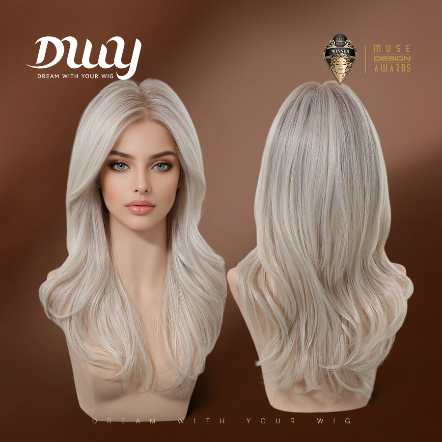 Esma-DWY Mono Lace Front Free Part Long-Length Wavy Blonde with Highlights Glueless Synthetic Wig for Women 20 Inches