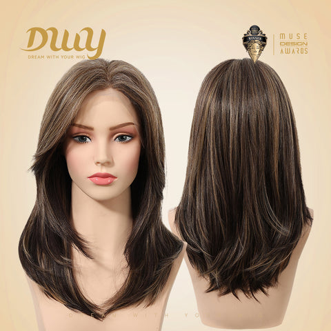 【New in】Fable-DWY 13×4 Lace Front Free Part Mid-Length Layer-cut Straight Brown with Highligts Glueless Synthetic Wig