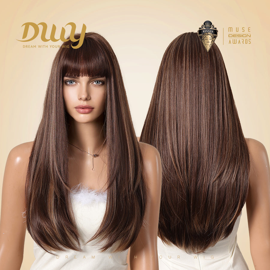 Tara-DWY Machine Made Long Silky Straight Chocolate Brown with Highlights with Bangs Glueless Synthetic Wig for Women 26 Inches