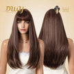 Tara-DWY Machine Made Long Silky Straight Chocolate Brown with Highlights with Bangs Glueless Synthetic Wig for Women 26 Inches