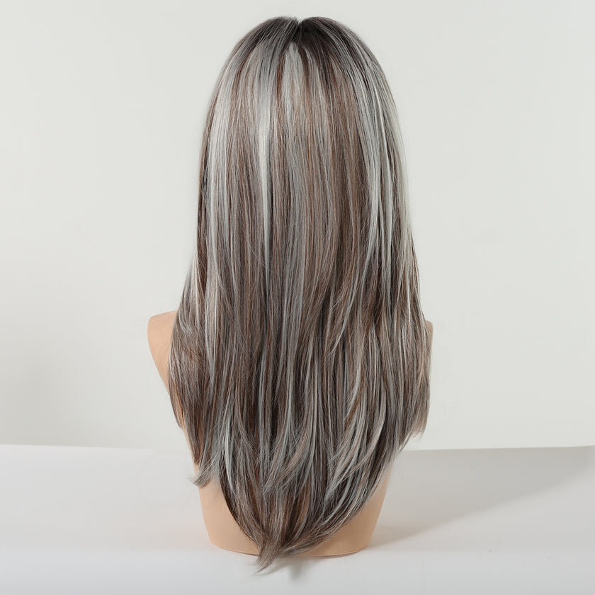 Elara-DWY 22 Inch Silver Grey Balayage Long Layered Wig with Air Bangs | Natural Synthetic Hair for Women | Daily Wear & Versatile Styling