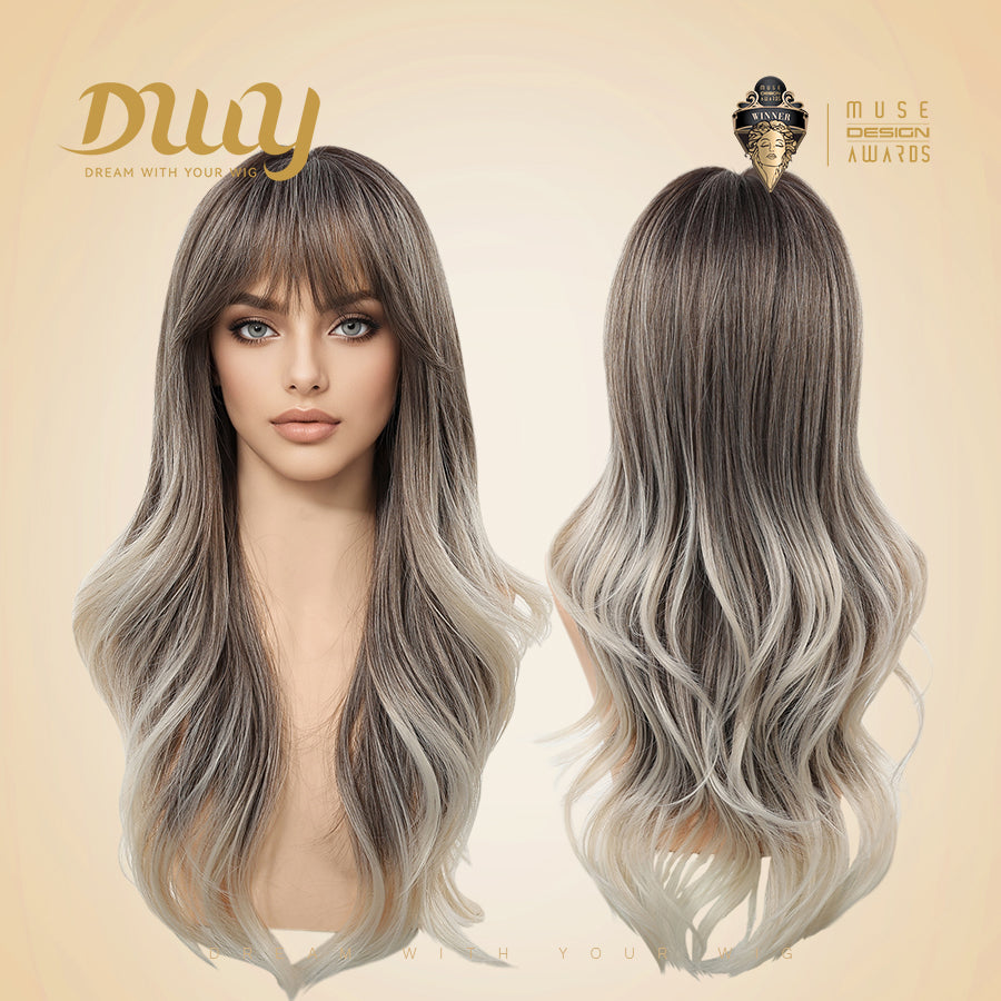 Katelynn PLUS - NEW! MiraScalp Long-length Wave Gery Gradient Brown Layer-cuts Glueless Synthetic Wig