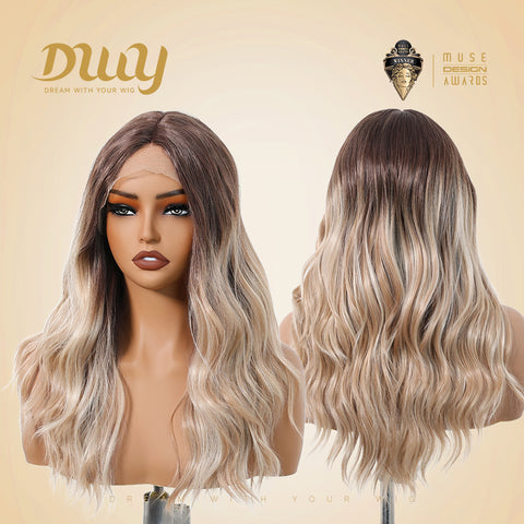 May-DWY Lace Front Middle Part Curly Ombre Blonde Glueless Synthetic Wig