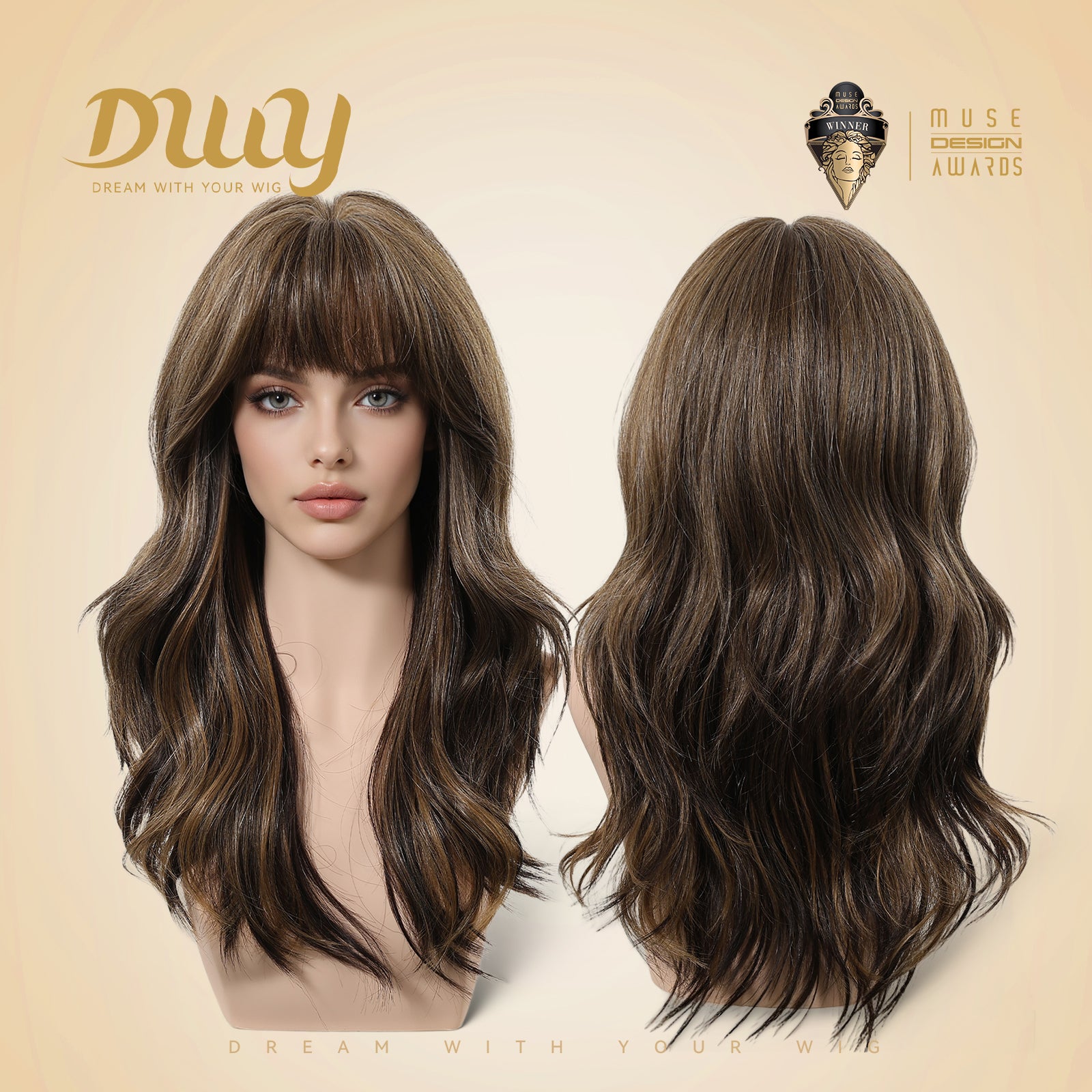 Cider - New ! DWY Bionic Silk Top 22-Inch Long Wave Bronde Balayage Glueless Synthetic Wig with Bangs for Women High-Quality Premium Fiber Easy Wear Comfortable Fit