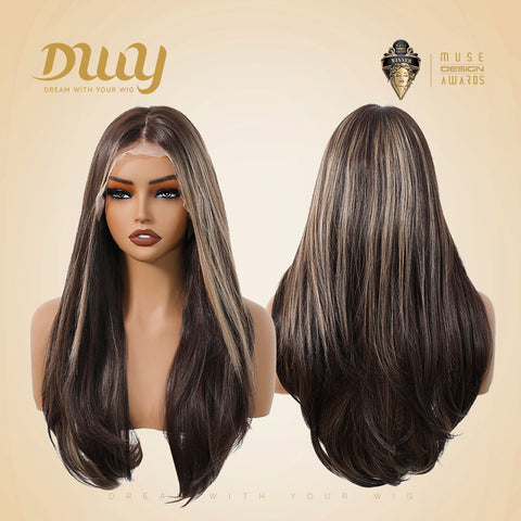 Chocolina-DWY Lace Front 13×6 Free Part Long Straight Brown With Blonde Highlights Synthetic Wig
