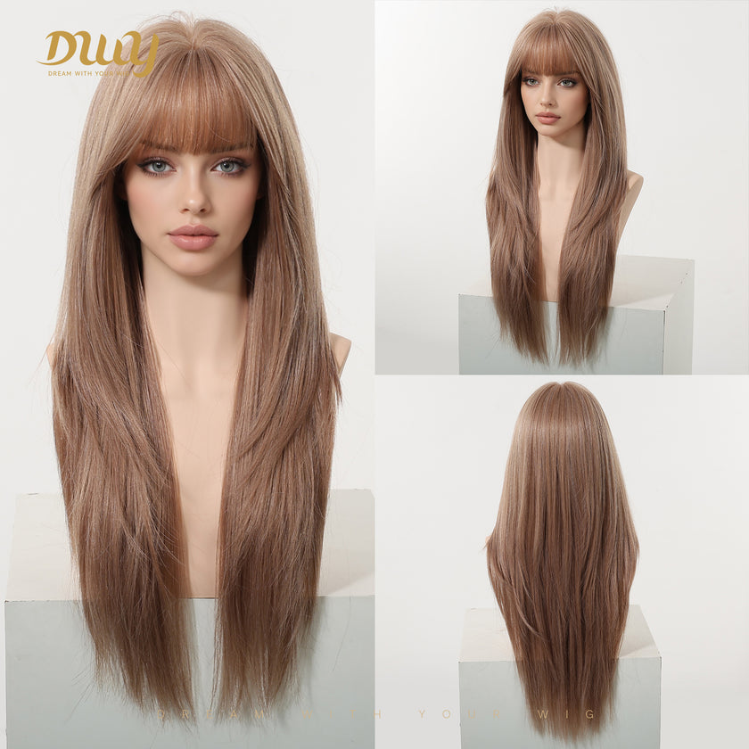 Liza PLUS- New! DWY Bionic Silk Top 26-Inch Long Vintage Y2K Layer-cut Pink Blonde Glueless Synthetic Wig with Bangs for Women High-Quality Premium Fiber Easy Wear Comfortable Fit Summer Look