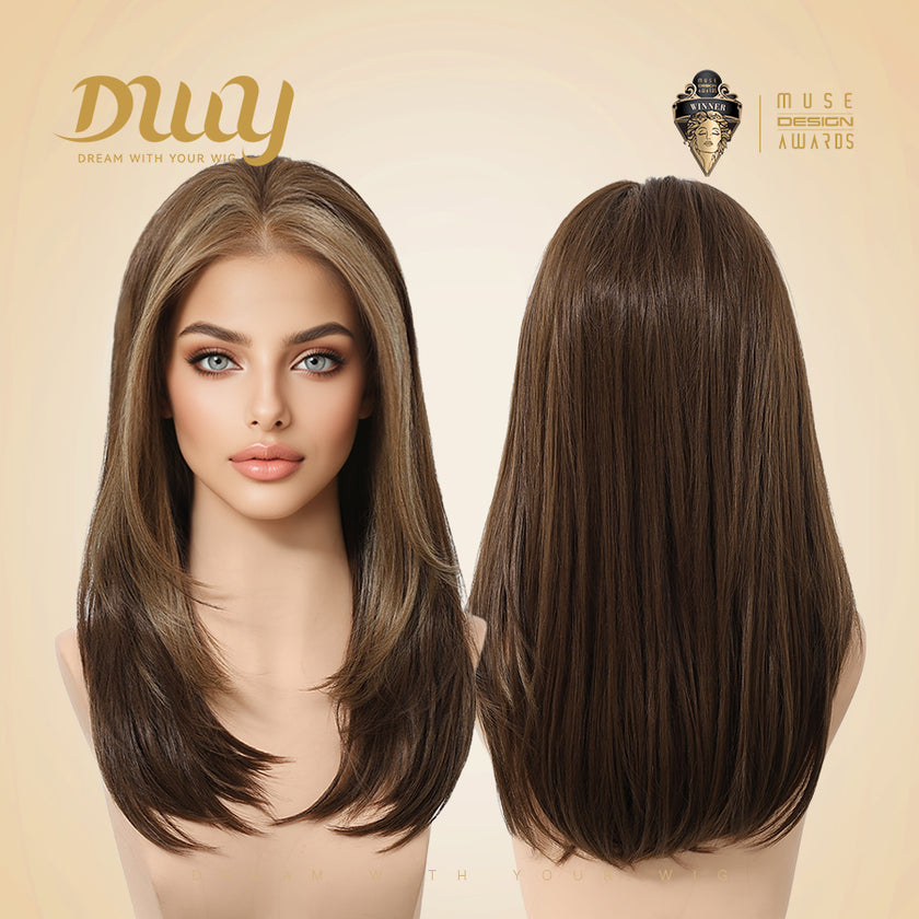 Morita-DWY Lace Front 13*4 Free Part Mid-Length Straight Brown with Highlights Glueless Synthetic Wig for Women 16 Inches
